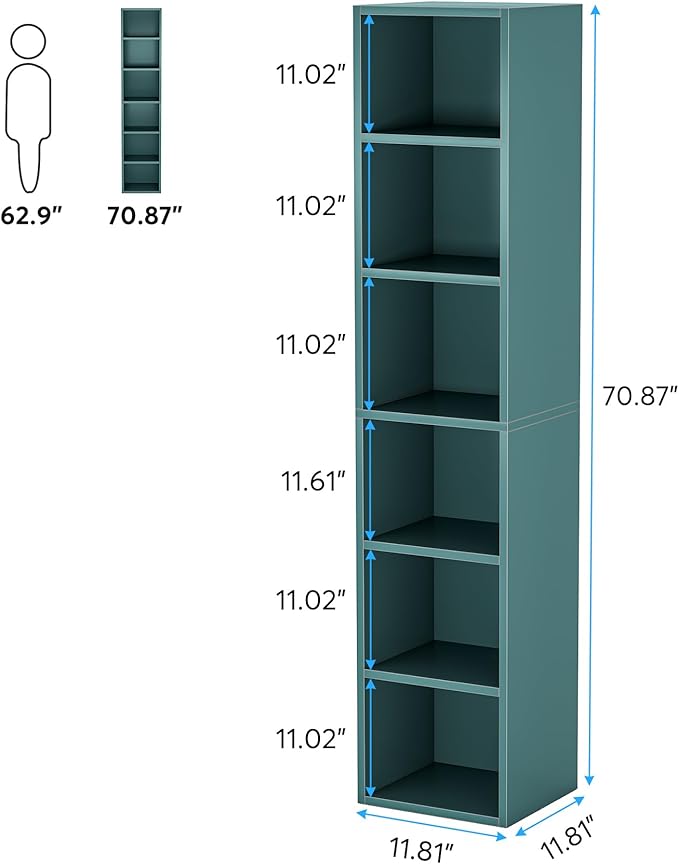 70.9 Inch Tall Narrow Bookcase, Corner Bookshelf 6 Tier Cube Display Shelf Storage Organizer for Small Space, Blue