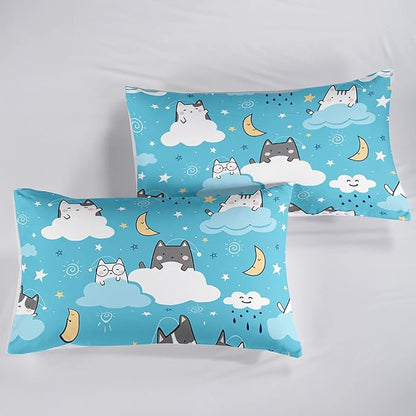 Cat Comforter Full Size,Blue Cloud Cats Comforter Set for Kids Teens Girls Boys,3Pcs Bedding Set Printed Comforter with 2 Pillowcases,Down Alternative,Soft and Lightweight，Full Size