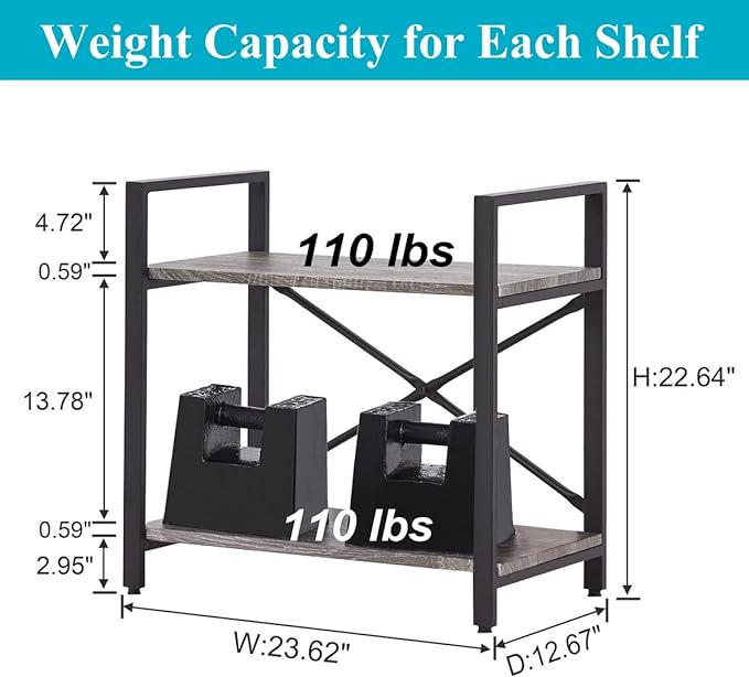 BON AUGURE Small Bookshelf for Small Space, 2 Tier Shelf Floor Bookcase for Storage, Industrial Short Low Wood Metal Book Shelves for Bedroom, Office and Living Room(Dark Gray Oak)