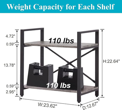 BON AUGURE Small Bookshelf for Small Space, 2 Tier Shelf Floor Bookcase for Storage, Industrial Short Low Wood Metal Book Shelves for Bedroom, Office and Living Room(Dark Gray Oak)