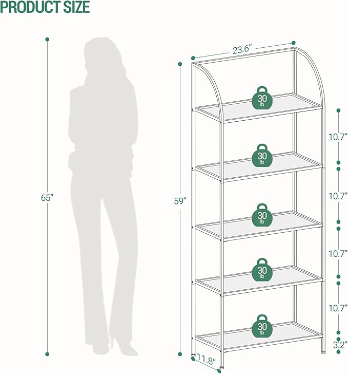 Bookcase Bookshelf, Tempered Glass Arched Bookshelf for More Storage, Slim Shelving Unit for Bedroom, Bathroom, Home Office, Steel Frame, Wide 5 Tier Gold BC22599G
