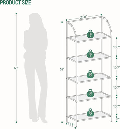 Bookcase Bookshelf, Tempered Glass Arched Bookshelf for More Storage, Slim Shelving Unit for Bedroom, Bathroom, Home Office, Steel Frame, Wide 5 Tier Gold BC22599G