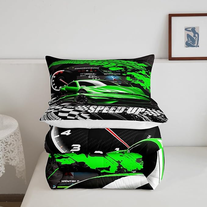 Feelyou Kids Boys Girls Race car Comforter Twin Size, Green Race Car Buffalo Plaid Comforter Set for Teens Toddler Sports Car Bedding Set Racing Car Duvet Set Room Decor Quilt Set Bedding Collection