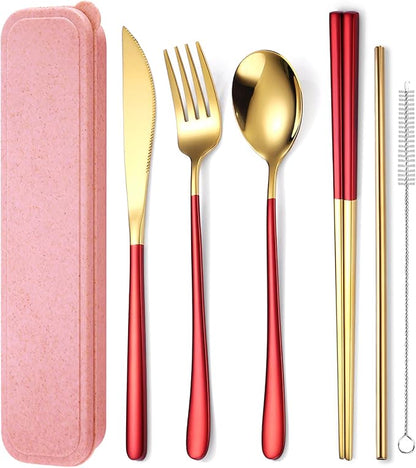 AARAINBOW 6 Pieces 18/8 Stainless Steel Flatware Set Portable Reusable Cutlery Set Travel Utensils Set Including Chopsticks Knife Fork Spoon Straws Cleaning Brush Dishwasher Safe (Red golden)