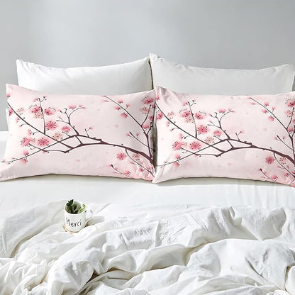 Erosebridal Cherry Blossoms Comforter Set Full, Girl Pink Floral Down Comforter, Japanese Spring Bedding Set, Pale Pink Blossom Petal Quilted Duvet, Branch Floral Duvet Set for Women,Girly Romantic