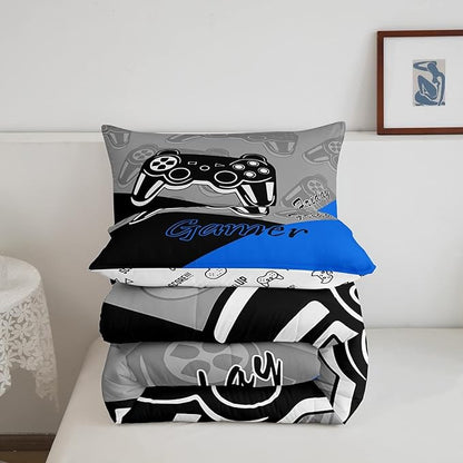 Feelyou Gaming Comforter for Boys Teen Video Game Bedding Set for Kids Gamer Comforter for All Season Gamepad Home Decor for Comforter Set Queen Size,1 Comforter with 2 Pillowcases Blue Black Grey
