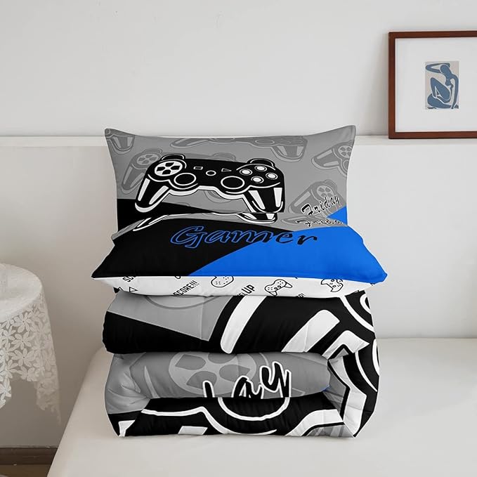 Feelyou Gaming Comforter for Boys Teen Video Game Bedding Set for Kids Gamer Comforter for All Season Gamepad Home Decor for Comforter Set Full Size,1 Comforter with 2 Pillowcases Blue Black Grey