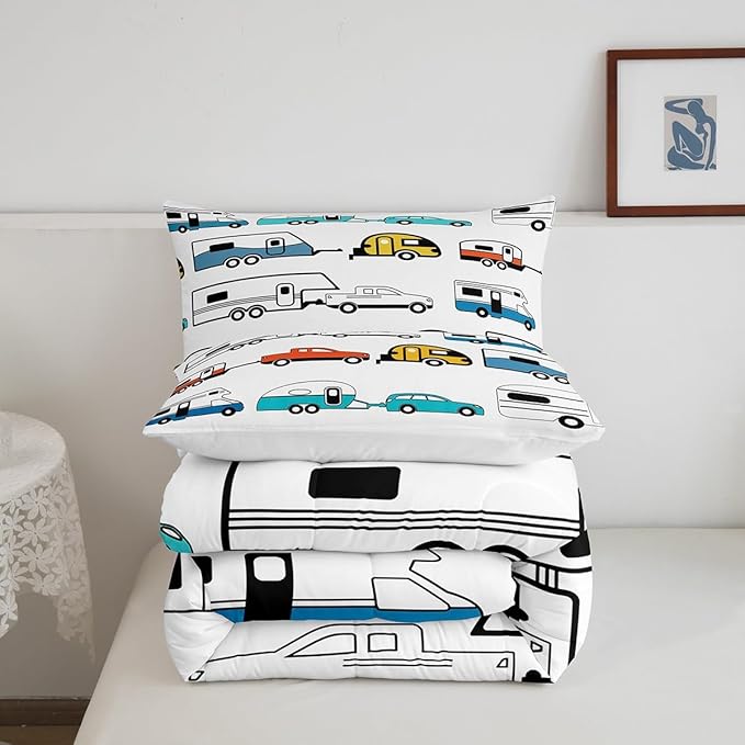 Camping Decor Comforter Set Full Size Kids Camper Trailer Bedding Set Cartoon Camper Decor Duvet Insert Colorful Rustic Farmhouse Sketch Drawing Quilt Set Camper Campsite Comforter Bedroom Decor