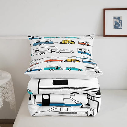 Camper Comforter Set King, Happy Camping Bedding Set for Kids Boys Girls Children, Camping Trailer Travel Car Pattern Bedding Comforters & Sets, Cartoon Car Down Comforter RV Accessories, Colorful