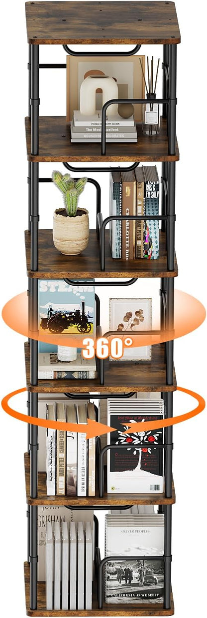5 Tier Square Rotating Bookshelf, 360 ° Display Stackable Spinning Bookshelf Tower, Space Saving Tall Floor Standing Swivel Bookcase Corner Storage Organizer for Bedroom, Living Room, Rustic Brown