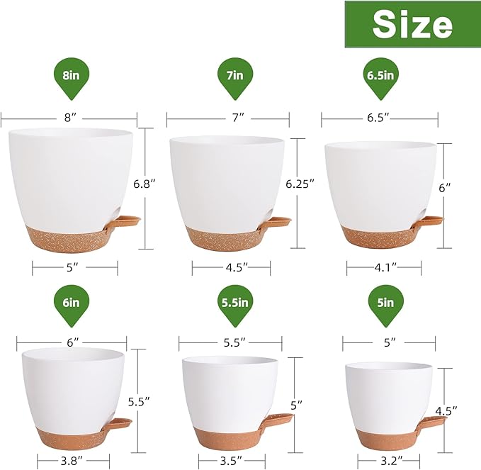 Flower Pots, 8/7/6.5/6/5.5/5 Inch Self Watering Planters for Indoor Outdoor Plants with Drainage Hole, Plastic Planters for House Plants(White)
