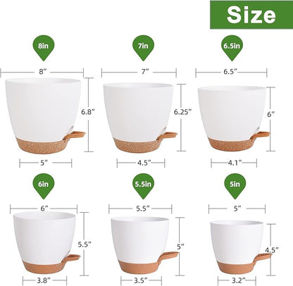 Flower Pots, 8/7/6.5/6/5.5/5 Inch Self Watering Planters for Indoor Outdoor Plants with Drainage Hole, Plastic Planters for House Plants(White)