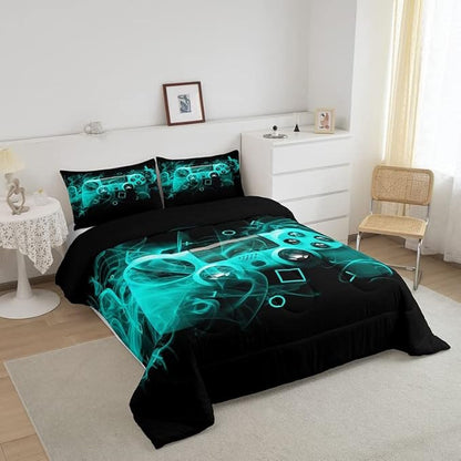 Feelyou Kids Gamer Comforter Set King Size Teens Gamepad Bedroom Decor for Boys Girls Video Game Controller Bedding Set Youth Gaming Console Comforter Blue Black Geometry with 2 Pillow Case