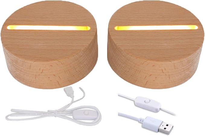 2Pcs 4" Round Wood LED Display Base, Warm Color Wooden Lighted Base Stand for Crystal Glass Resin Art, Acrylic and Plexiglass