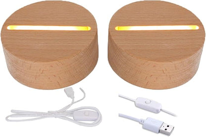 2Pcs 4" Round Wood LED Display Base, Warm Color Wooden Lighted Base Stand for Crystal Glass Resin Art, Acrylic and Plexiglass