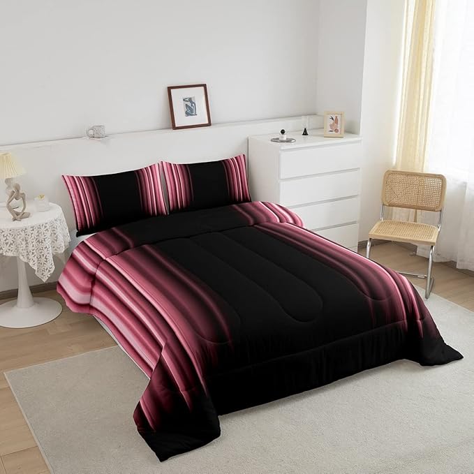 Feelyou Abstract Ombre Comforter Set Kids Teens Pink Black Bedding Set Room Decor 3Pcs Full Size,Reversible Black Boys
