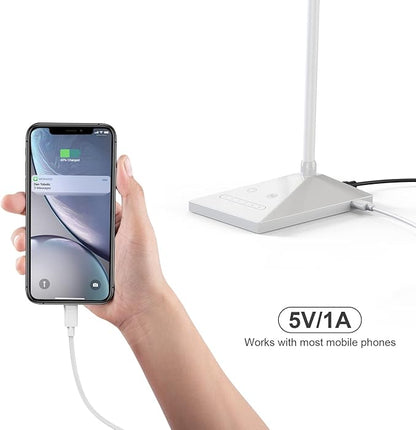 LED Desk Lamp Eye-Caring Table Lamps with USB Charging Port,7 Brightness Levels & 5 Color Modes,Touch Control and Memory Function, Flexible Gooseneck Reading Lamp for Home Office, White