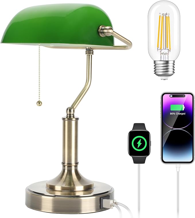 Bankers Lamp, Green Desk Lamp with Pull Chain Switch, Retro Lamp with USB and Type C Charging Ports, Vintage Lamp for Home Office, Piano, Library, LED Bulb Included (Retro)
