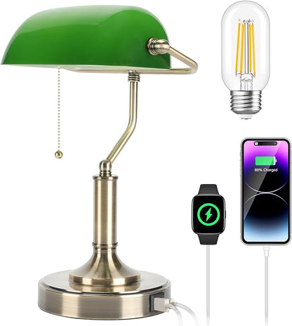 Bankers Lamp, Green Desk Lamp with Pull Chain Switch, Retro Lamp with USB and Type C Charging Ports, Vintage Lamp for Home Office, Piano, Library, LED Bulb Included (Retro)