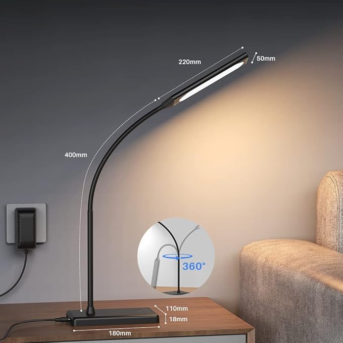 LED Desk Lamp, Touch Adjustable Table Lamp with USB Charging Port 5 Modes and 6 Brightness Levels Eye Protection Reading Light 48 LED Memory Function Desk Lights for Home Office Black