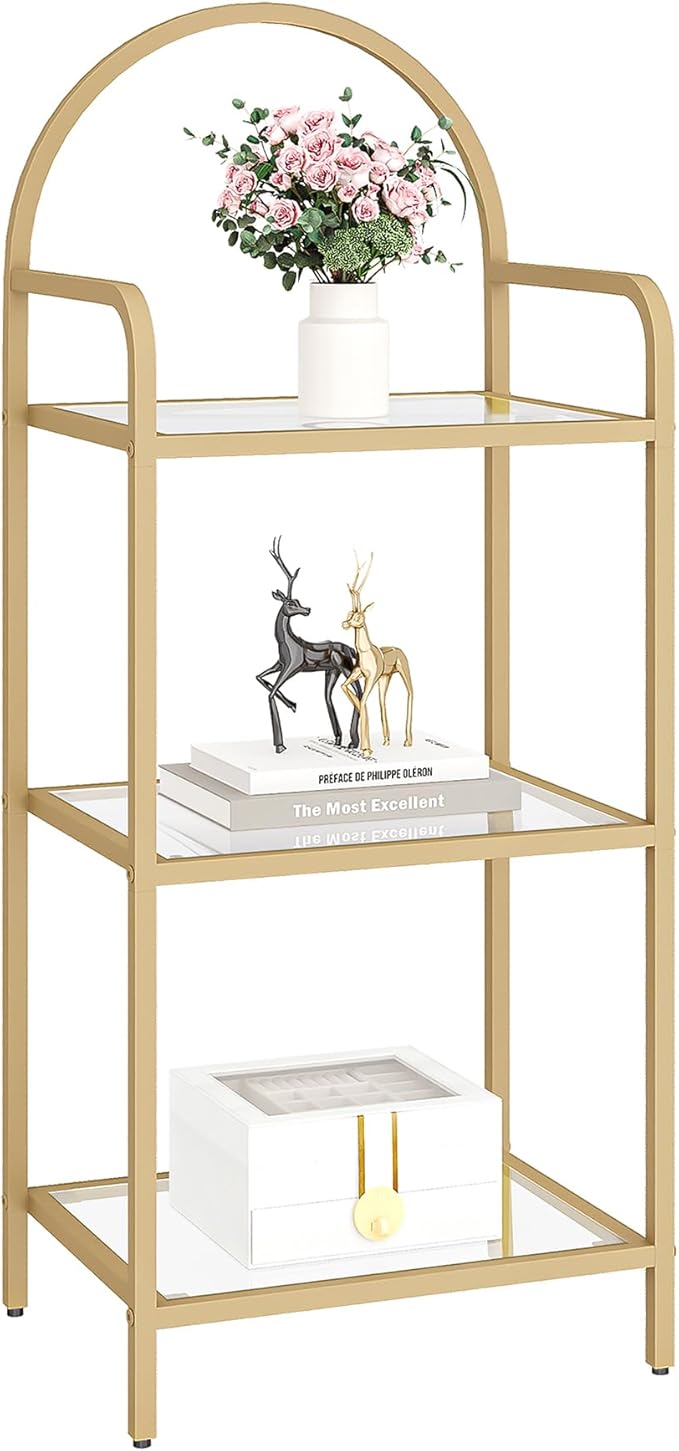 Bookcase Bookshelf, Tempered Glass Bookshelves, Slim Shelving Unit for Bedroom, Bathroom, Home Office, Steel Frame, 3 Tier Gold BC10301G