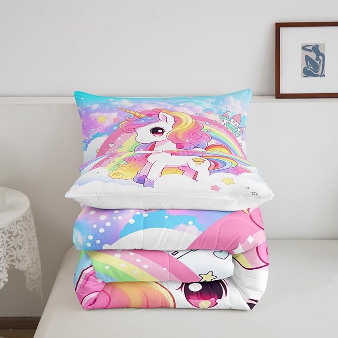 Manfei Cute Unicorn Kids Comforter Set Queen Size,Rainbow Stars Cloud Dreamy Bedding Set,Girls Women Room Decor,Cartoon Animals Castle Girly Down Comforter,Pink Blue Unique Duvet Insert,2 Pillowcases