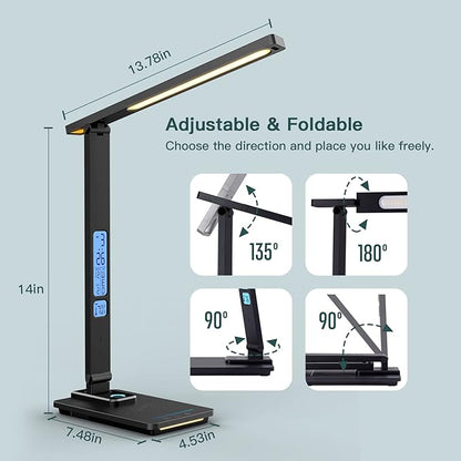 LED Desk Lamp with Wireless Charger, USB Charging Port, Sliding Dimmable Auto Timer Table Lamp with Night Light, Desk Lights with Clock for Study Reading Home Office