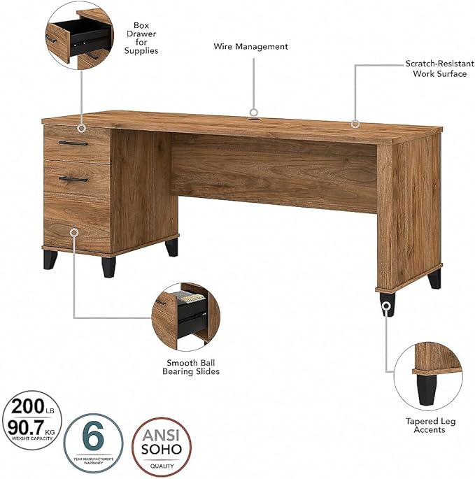 Bush Furniture Somerset Office Desk with Drawers and Hutch, 72W, Fresh Walnut