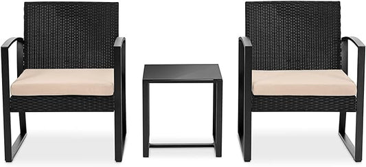 SereneLife Patio Outdoor Furniture, 3 Pcs. Per Set-includes 2 Single Chairs with Soft Cushion and 1 Glass-top Coffee Table, Black Weather-Resistant Resin Wicker Rattan, Brown