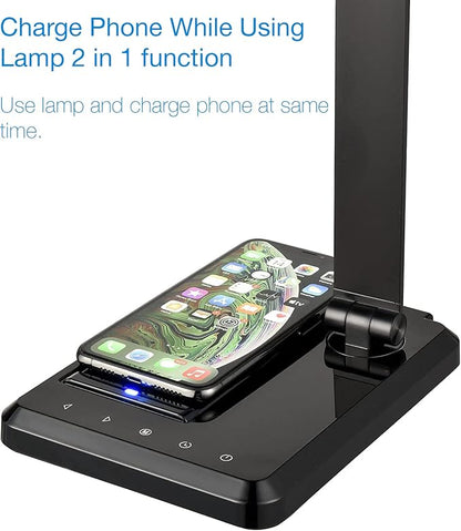 Fugetek LED Desk Office Lamp with Wireless Charger & USB Charging Port, Touch Control, 5 Lighting Modes, 30/60 Min Auto Timer, Eye-Caring, Dimmer, Black