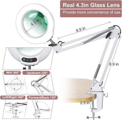 Veemagni 10X Magnifying Glass with Light with Clamp, 5 Color Modes Stepless Dimmable, Adjustable Swing Arm LED Lighted Desk Lamp, Hands Free Magnifier with Light and Stand for Craft Hobby Close Works