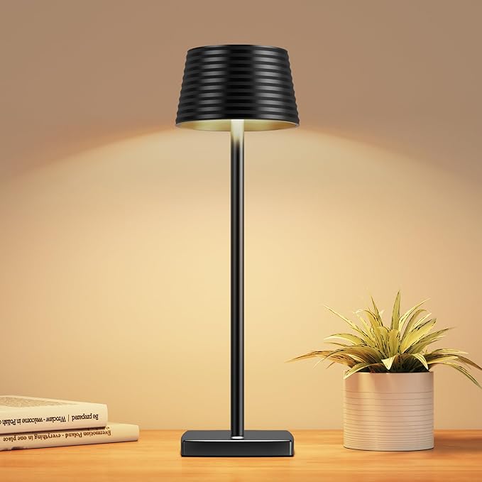 Rechargeable Cordless Table Lamp, Battery 5000mAh Metal Aluminum Housing USB LED Portable Powered Desk Lamp, 3 Levels Brightness Night Light for Restaurants Bars Outdoor (black)
