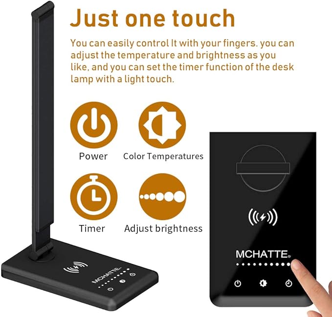 LED Desk Lamp with Wireless Charger, USB Charging Port, Dimmable Eye-Caring Desk Light with 5 Brightness Levels & 5 Lighting Modes, Touch Control, Auto Timer (Black)