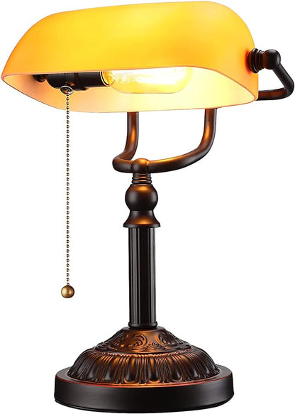 TORCHSTAR Bankers Desk Lamp with Pull Chain Switch, Amber Glass Shade Desk Lamps, Bronze Base, UL Listed, E26 Base, Vintage Library Lamp for Office, Study Room(Matted Orange)