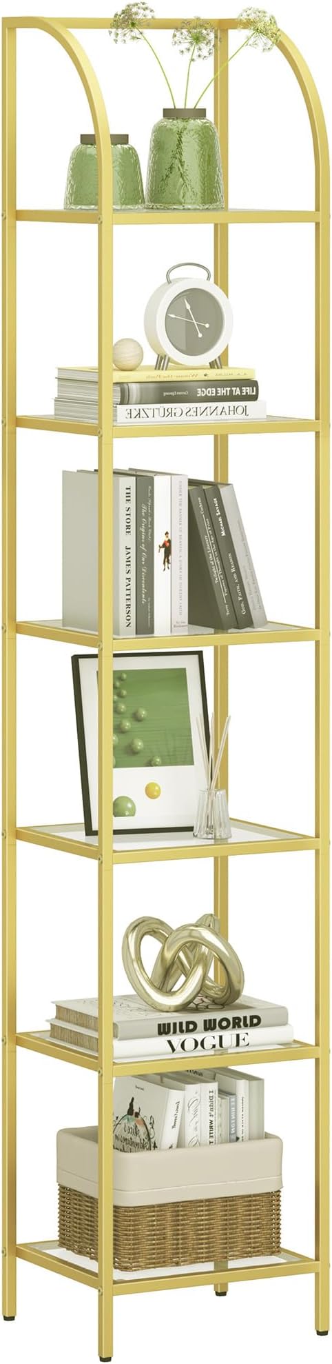 Bookcase Bookshelf, Tempered Glass Arched Bookshelf for More Storage, Slim Shelving Unit for Bedroom, Bathroom, Home Office, Steel Frame, 6 Tier Gold BC20699G