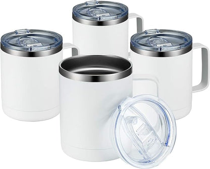 MEWAY 12oz Coffee Mug With Handle 4 Pack Bulk,Stainless Steel Insulated Travel Tumblers With Sliding Lid,Double Wall Vacuum Camping Cup for Hot & Cold Drinks Tea (White,Set of 4)