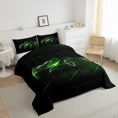 Feelyou Green Race Car Bedding Set Full Size for Kids Boys Extreme Sport Games Comforter Set Teens Toddler Fast and Furious Duvet Set Cool Modern Quilt Set 3Pcs