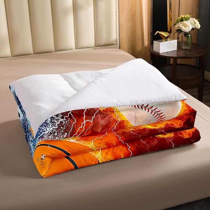 Erosebridal Sports Bedding Set for Boys Full,Baseball Basketball Comforter Set Soccer Football Bedding Comforter Sets for Kids Teens Men,Red Blue Ice Fire Lightning Decor Quilt Duvet Set 3 Pcs