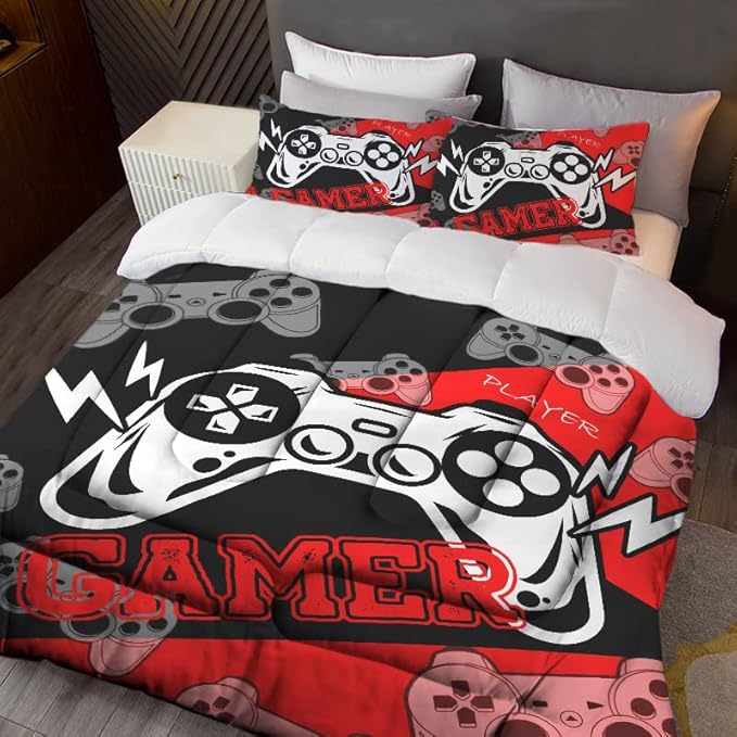 Sunnycitron Gamer Bedding Set for Boys Gamer Comforter sets Queen Gaming Bedding Kid's Comforter Set Boys Teen Gamepad Gaming Comforter,1 Comforter 2 Pillowcases