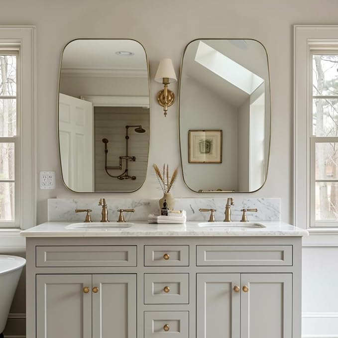 ANDY STAR Brass Bathroom Mirror, 24x32’’ Brushed Gold Metal Frame Oblong Mirror for Bathroom, Modern Gold Oval Bathroom Mirror for Over Sink, Hangs Horizontal or Vertical