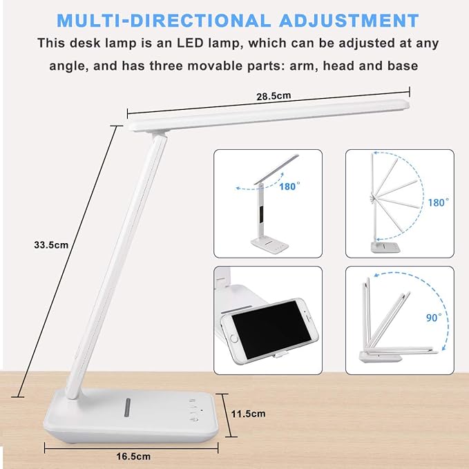 LED Desk Lamp, Desk Lamp with Wireless Charger, Suitable for Home, Office Dimmable Desk Lamp, with USB Charging Port, Built-in Clock, Calendar, Thermometer and Automatic Timing Reading Desk Lamp.