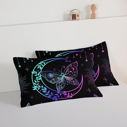HOSIMA Butterfly Comforter Set 3Piece with 2 Pillowcases,Black Comforter Butterfly Aesthetics Room Decor,Boho Mandala Comforter Butterfly Bedding Set for Girls,Bohemian Full Size Bed in a Bag Set.