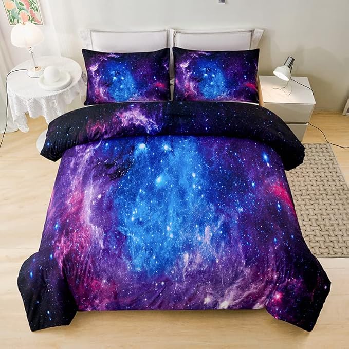 7PCS Purple Comforter Sets Queen,Girls Galaxy Comforter Queen,Girls Bed Sets Queen,Bed in a Bag with Flat Sheet and Fitted Sheet,Pillowcases,Cushions for Girls,Galaxy Bedding Sets