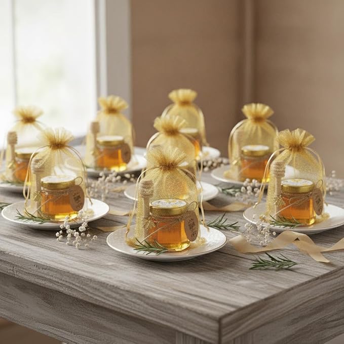 Adabocute Mini Honey Jars - Hexagon Little Glass Honey Jar with Gold Lids, Wooden Dippers, Bee Charms and Jutes - Small Honey Jars for Baby Showers, 20Pack