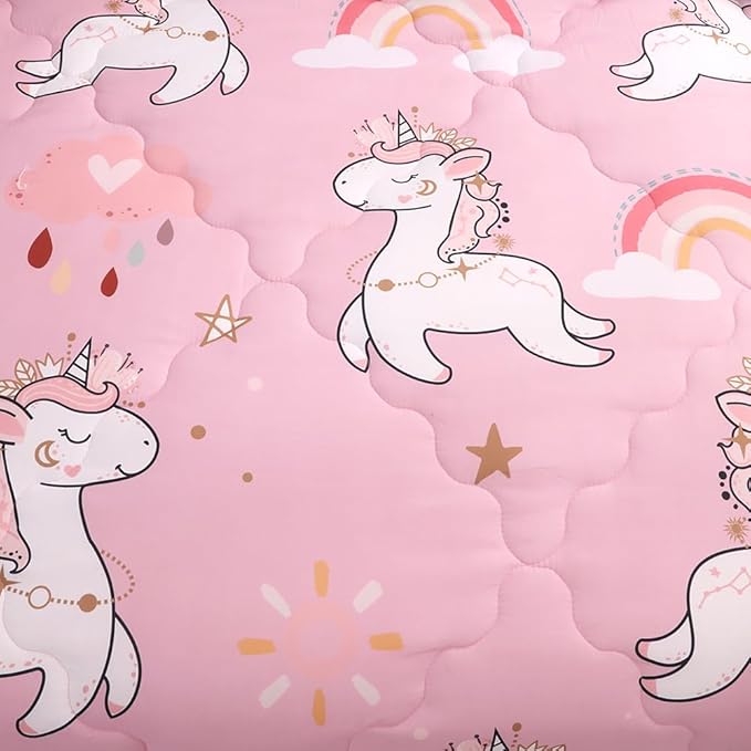 Wajade Kids Pink Unicorn Comforter Set Bed in A Bag Full Size 7 Piece Cute Unicorn Rainbow Clouds Bedding Set for Girls (1 Comforter, 1 Flat Sheet, 1 Fitted Sheet, 2 Pillowcase and 2 Pillow Sham)
