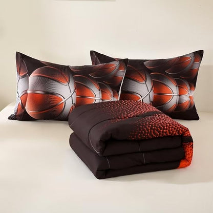 Teens Boys Sports Comforter Set Queen,Basketball Bedding Set for Kids,Sports Orange Basketball Comforter Sets,Black Teenage Boy Bedroom Bed Set 3 Pieces with Pillowcases