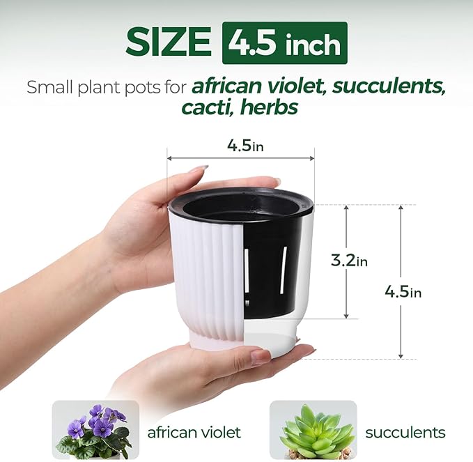 T4U 4.5 Inch Plant Pots Self Watering, 6 Pack African Violet Pots, Small Plant Pots for Plants, Small Indoor Plant Pot, Self Watering Planter for African Violet, Succulents (6 Pack 4.5" Pots, White)