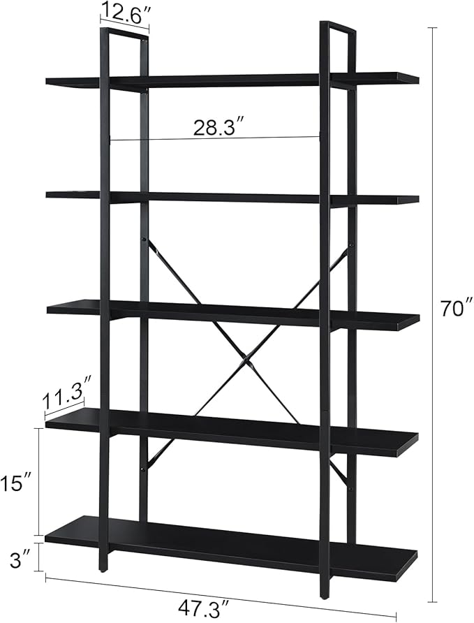 HOMISSUE Bookshelf,5-Tier Bookshelf Industrial Bookcase and Bookshelves,Rustic Storage Rack with Open Shelves for Living Room Bedroom and Kitchen