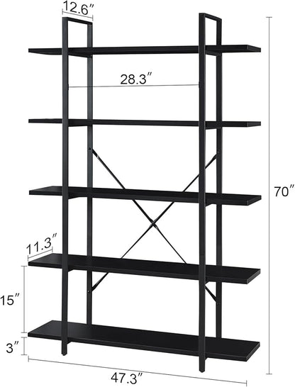 HOMISSUE Bookshelf,5-Tier Bookshelf Industrial Bookcase and Bookshelves,Rustic Storage Rack with Open Shelves for Living Room Bedroom and Kitchen