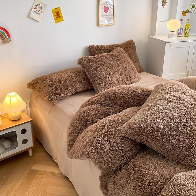 Faux Fur Kids Girls Coffee Comforter Sets King - 3PC Bed Set Warm Comfortable Soft Plush Flannel Velvet Fluffy Fuzzy Bedding（Comforter x 1 Pillowcases x 2）